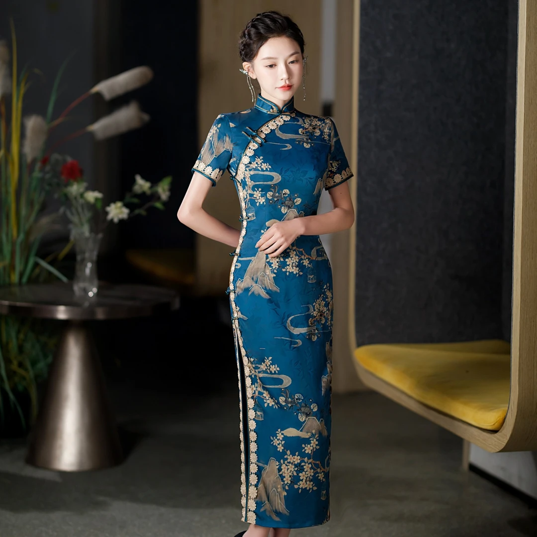 2025春夏新款蓝色山水画墨云锦缎丝手工长款旗袍气质复古显瘦古法