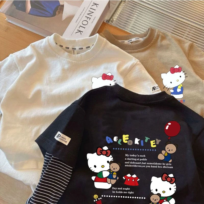 女童长袖T恤春秋儿童宝宝卡通凯蒂猫洋气打底衫假两件上衣百搭款