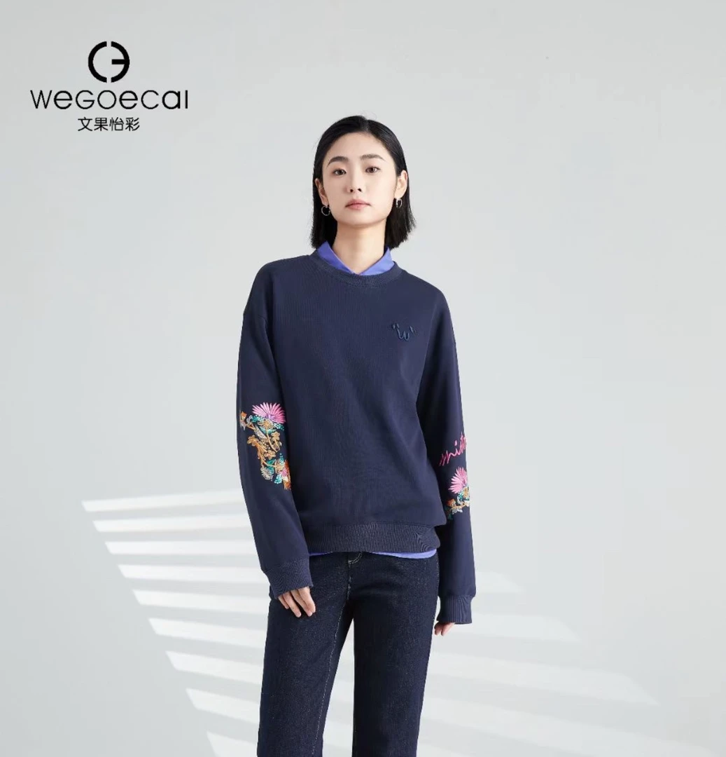 民族风绣花圆领落肩套头卫衣时尚分割设计秋季上衣 13201