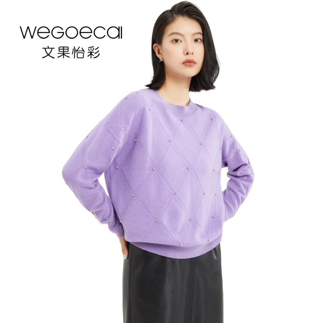 秋冬款重工艺镶钻圆领绵羊毛宽松版套头毛衣长袖提花时尚