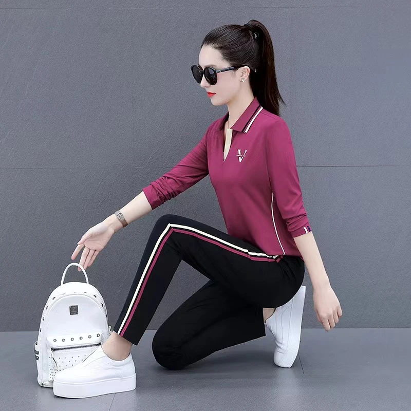 2898雅丹风刺绣V领时尚休闲运动套装女POLO套装运动服