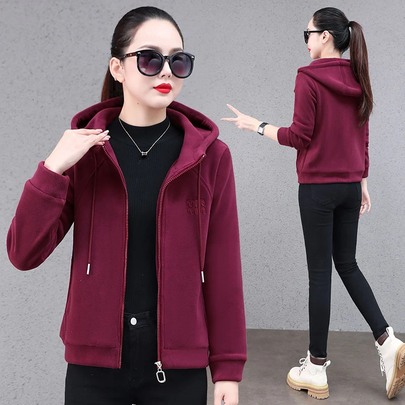 8082秋冬新款妈妈装拉链连帽卫衣加绒加厚保暖单外套女装运动服女