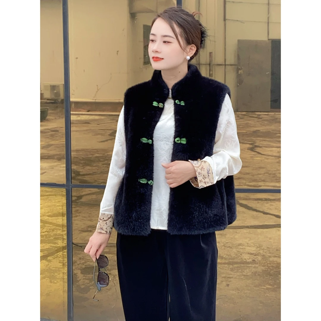 纯色净版国风立领马甲外套冬季皮毛一体开衫女款加厚保暖女装马甲