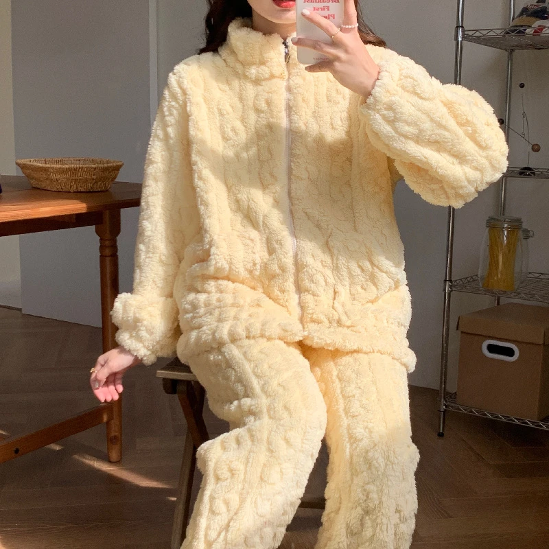 冬季网红提花珊瑚绒睡衣女拉链束口加厚加绒保暖家居服可外穿套装