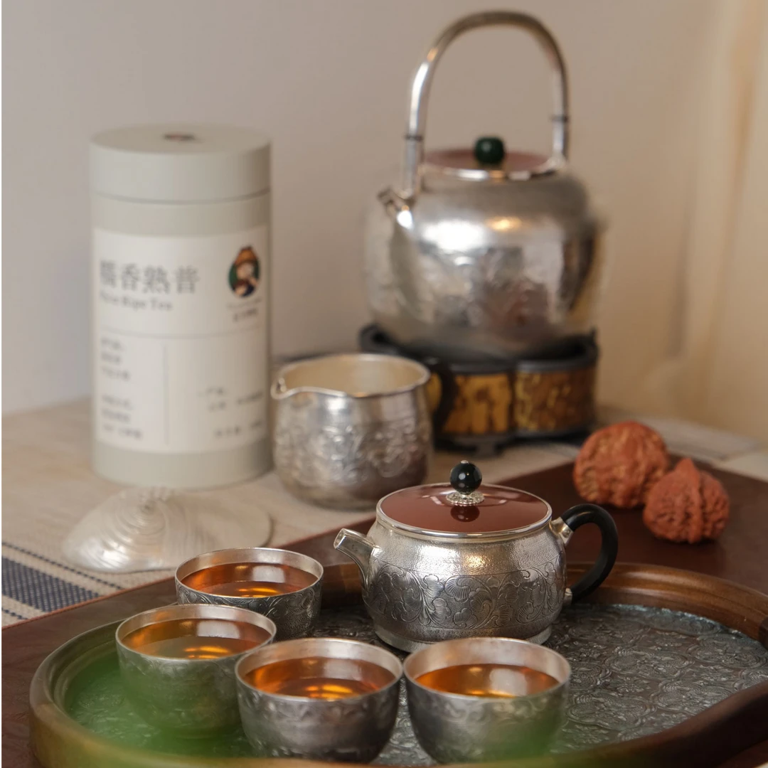 繁花似锦大套组一壶两杯一公道一提梁 纯手工家用茶壶套组足银999