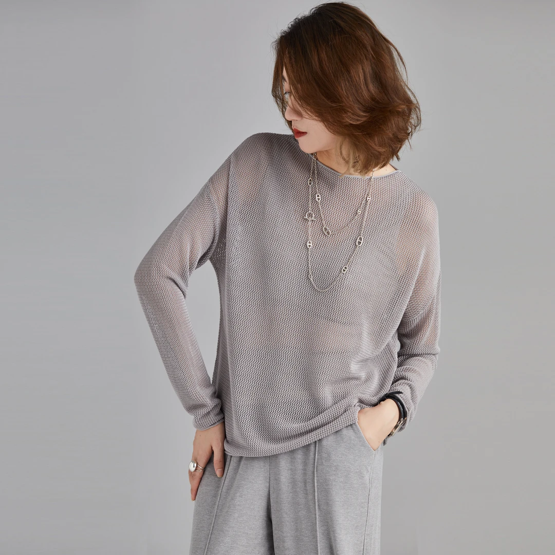新款纯色简约气质时尚针织衫休闲镂空长袖罩衫宽松女装上衣T恤