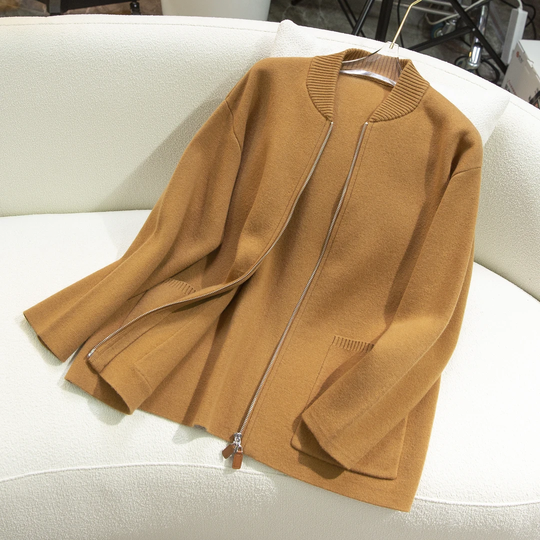 【阿美设计】100%全羊毛设计师新款特价现货针织女装外套拉链圆领