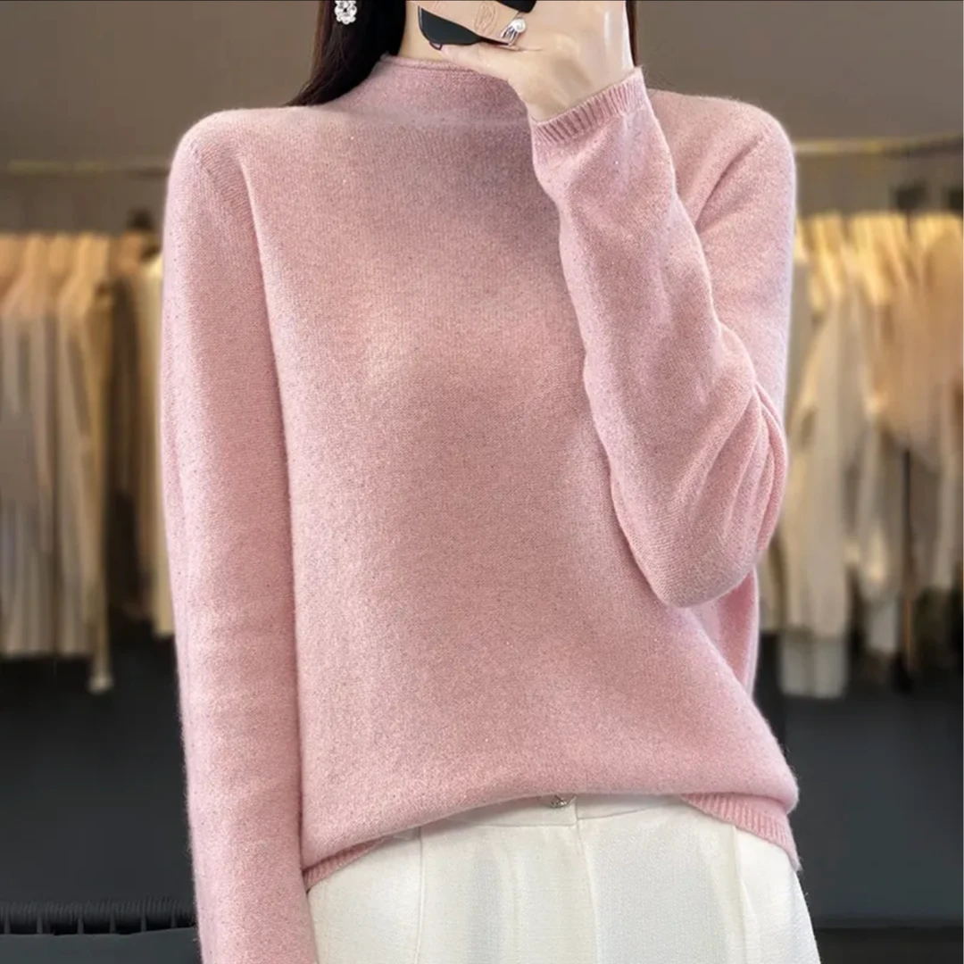 【瑞莎时尚】100%全羊毛长袖半高领一字领女士针织百搭秋冬