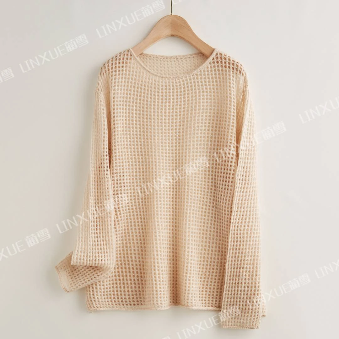 【100%纯山羊绒】气质时尚长袖圆领宽松显瘦镂空百搭LX228031