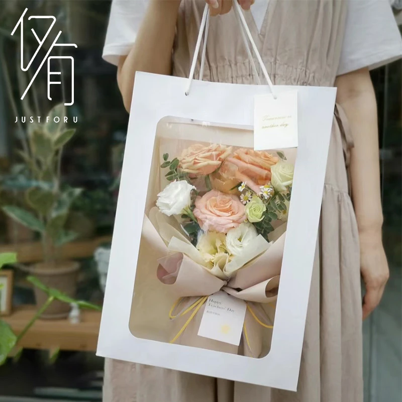 【仅有】花束花店伴手礼创意中号橱窗袋鲜花透明开窗手提PVC礼品袋