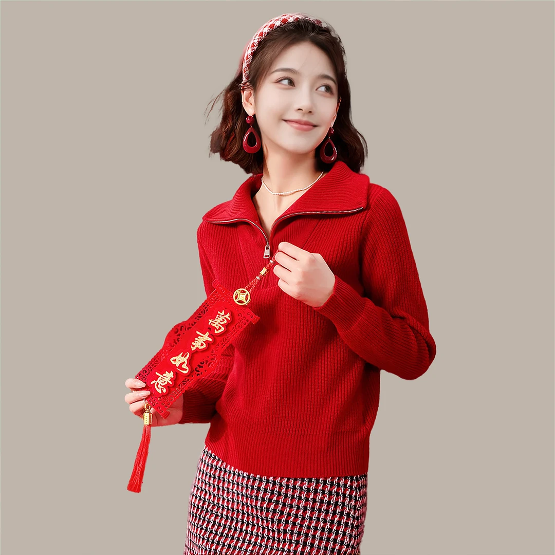 赛兔厚款纯羊毛气质坑条纹提花拉链开领毛衣羊毛衫女202S235T142