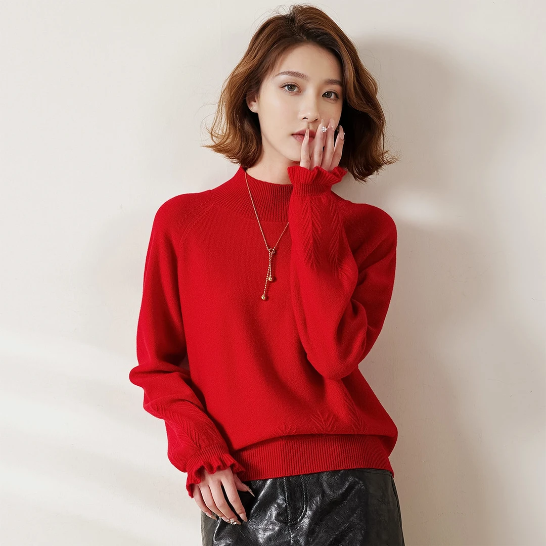 赛兔100%羊毛厚款法式甜美保暖木耳花边袖针织衫女340S245T016