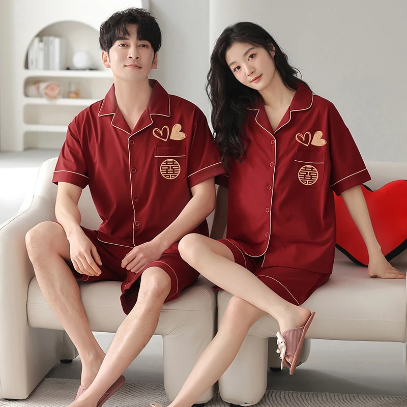 夏季新婚结婚情侣睡衣纯棉喜庆红色高档莱卡棉本命年男女家居服