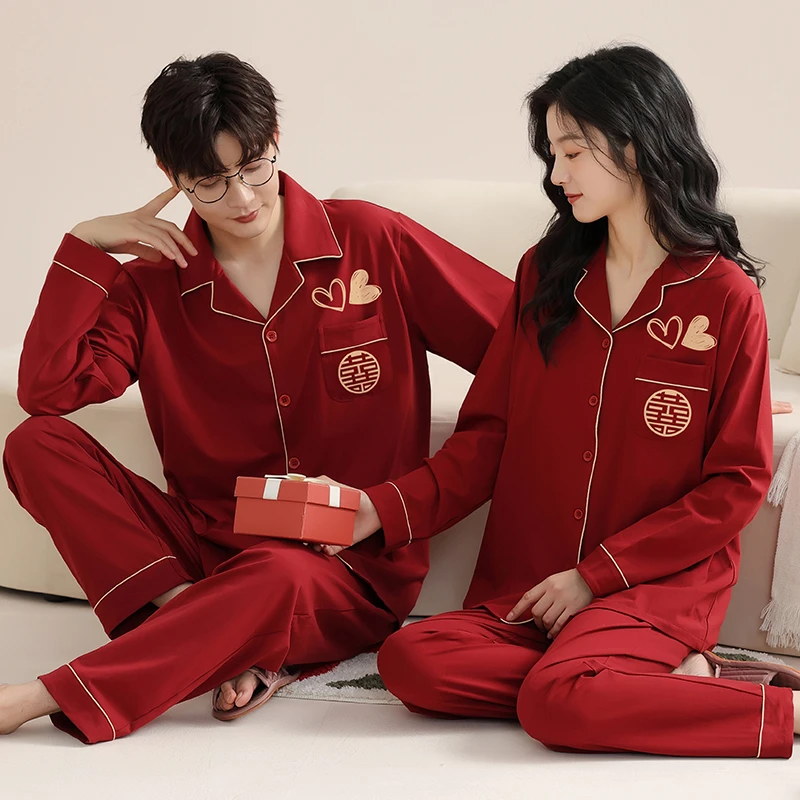 2套价100%纯棉长袖结婚新婚红色情侣睡衣春秋冬男女家居服本命年