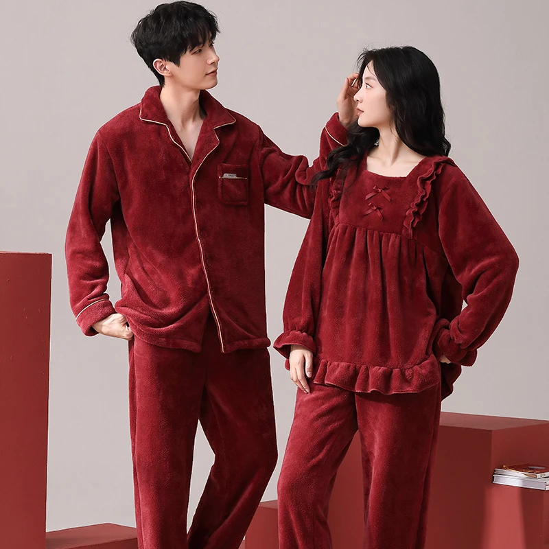 冬季珊瑚绒结婚陪嫁情侣睡衣女酒红色新婚男法兰绒加厚家居服套装