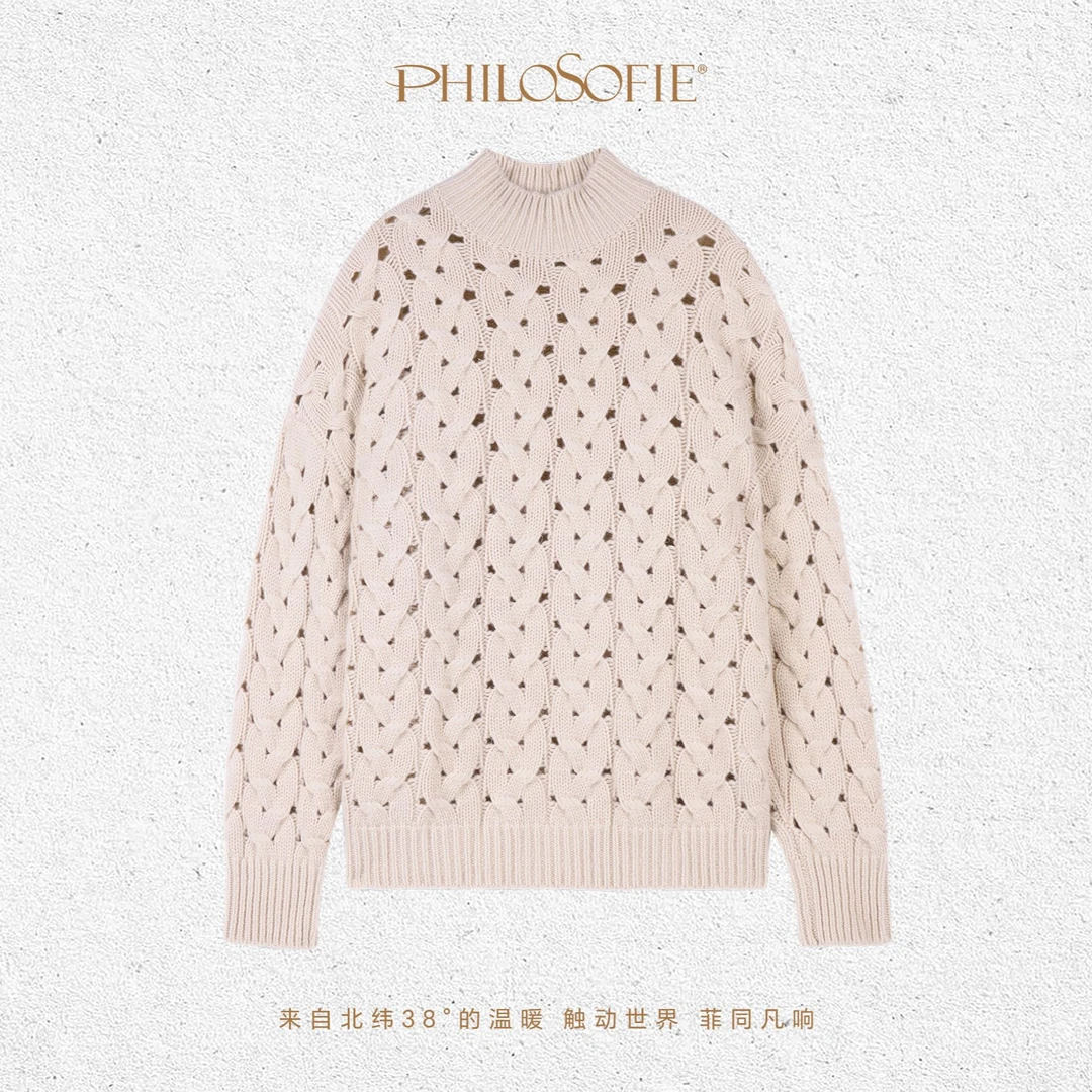 菲洛索菲秋冬保暖穿搭轻奢100%山羊绒镂空绞花套衫针织上衣