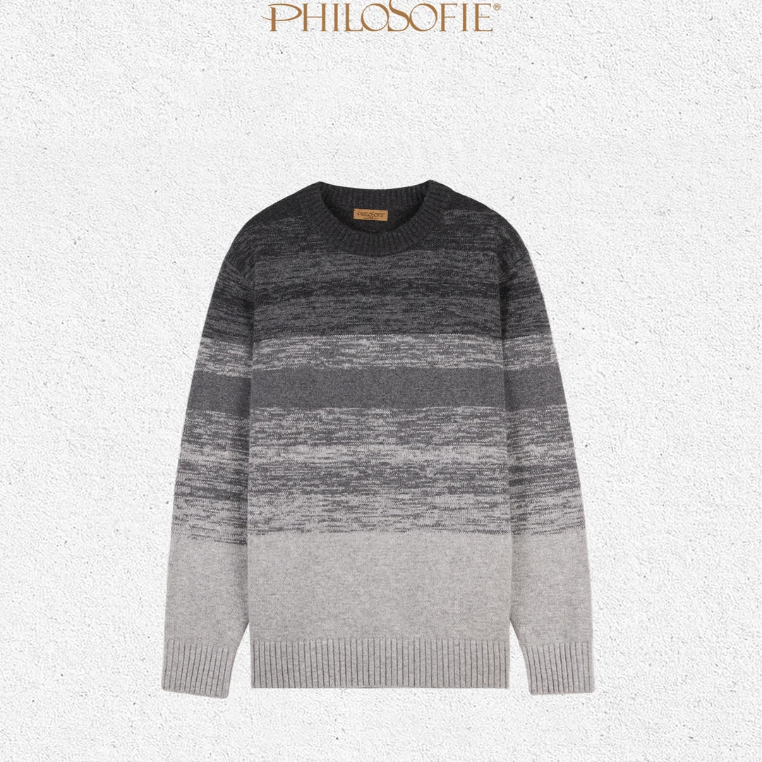 菲洛索菲新款100%羊绒男士拼色圆领套头衫