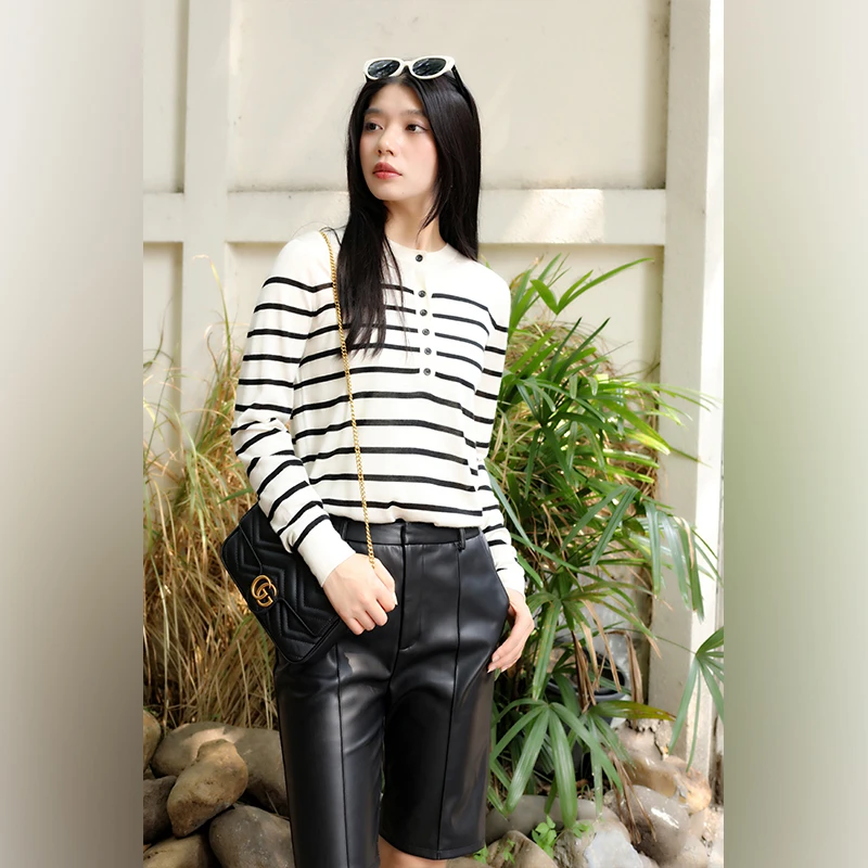 菲洛索菲欧若风早春穿搭时尚百搭长袖圆领丝羊绒横条纹上衣