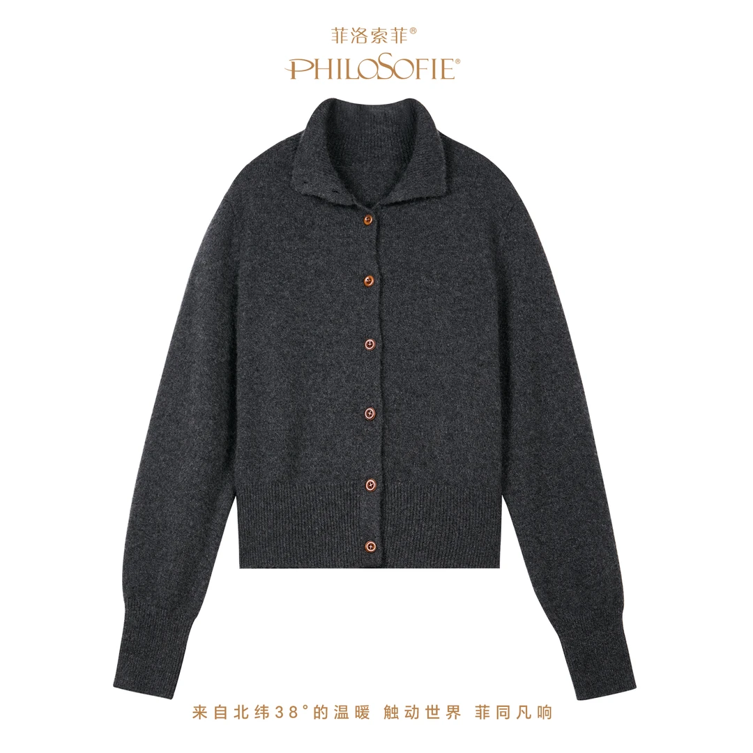 菲洛索菲秋冬女新款轻奢风时尚百搭100%纯羊绒立领韩系开衫上衣