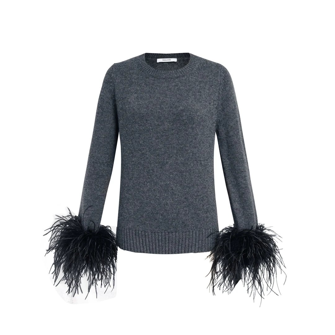 TAGLIONI官方直营新款袖口毛毛设计长袖打底上衣