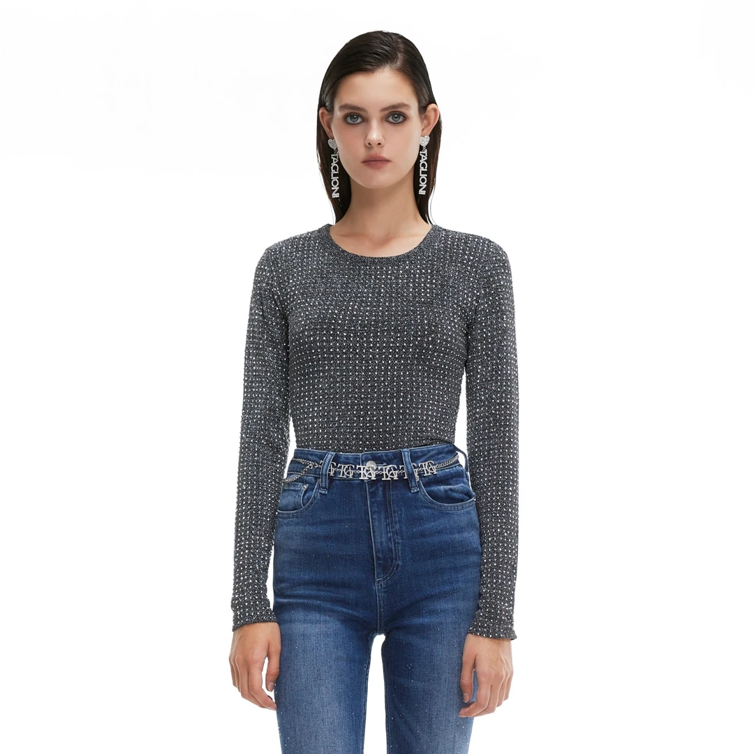 OMZO直营女士秋季圆领满钻排列修身金丝修身长袖上衣