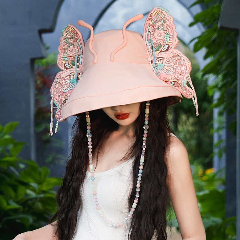 芽小七原创桃夭矩蛱粉蝶渔夫帽夏季手工大檐圆顶防晒遮阳盆帽子