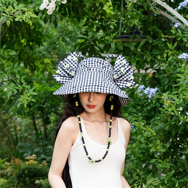 芽小七原创黑白格蝴蝶渔夫帽手工设计遮阳帽防晒男女通用