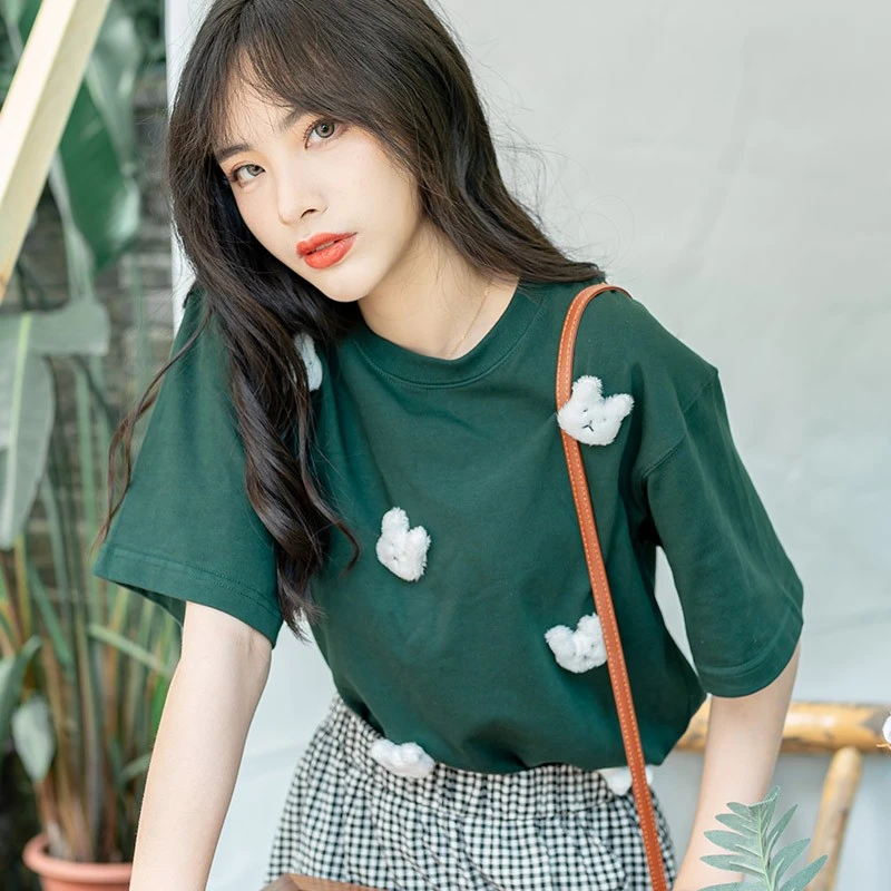 芽小七原创手工小白兔童话棉圆领短袖女士t恤宽松绿色上衣女夏