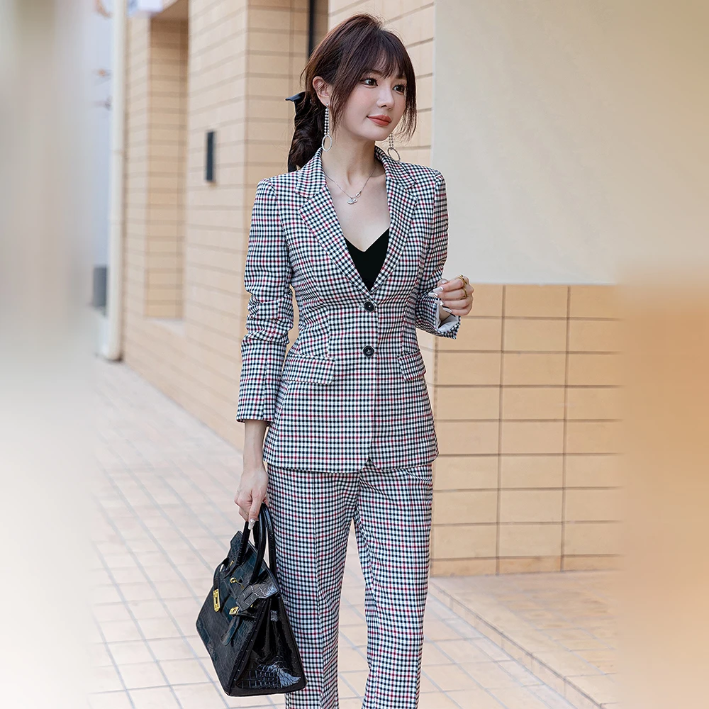 漫凌9398春秋新款炸街御姐风英伦风气质格子西服高级感西装套装女