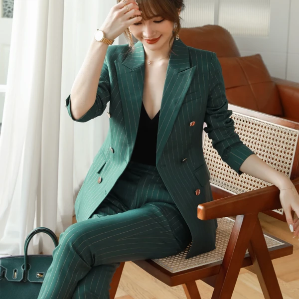 漫凌9189西装套装女早春显白复古绿色金线条纹西服两件套职业装女