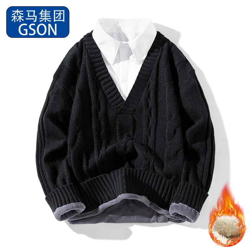 国潮品牌GSON冬季学院风毛衣男款假两件针织衫加绒加厚保暖打底衫