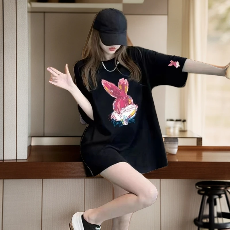 欧货中长款遮臀纯棉黑色卡通短袖t恤女士夏季休闲爆款动宽松上衣