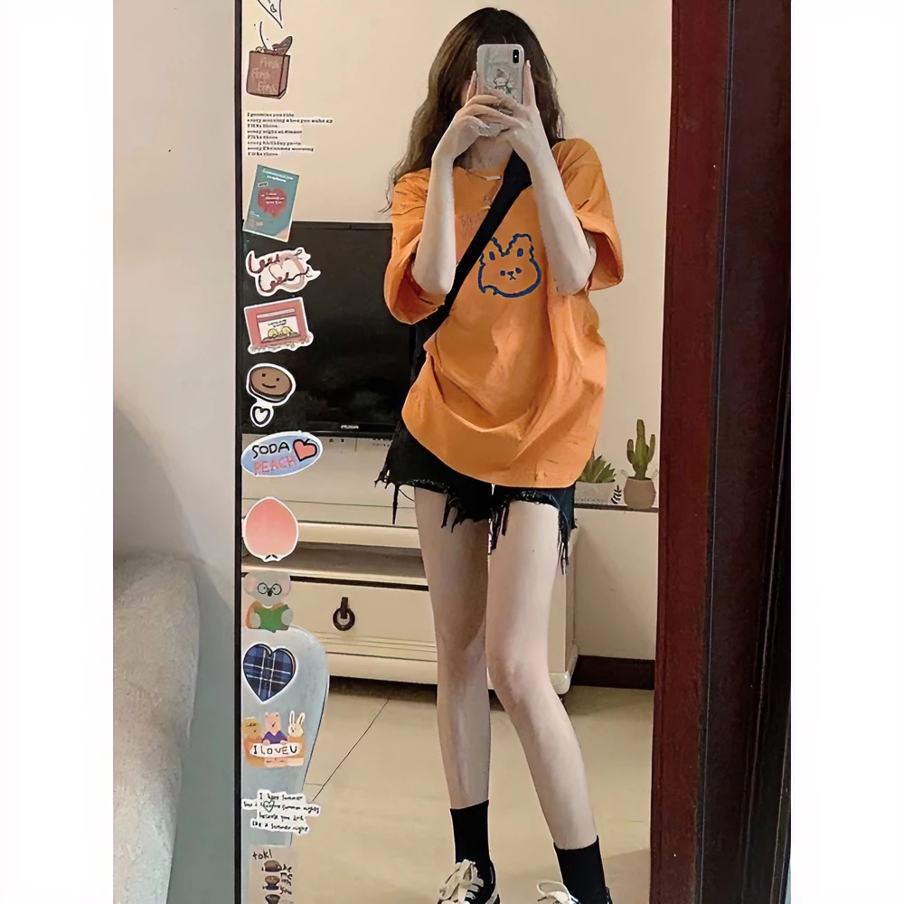 夏季重磅2025新款纯棉短袖t恤女韩系设计感小众橘色爆款ins上衣服