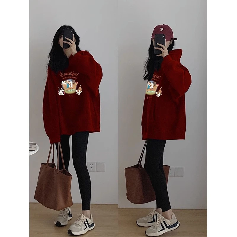 美式复古酒红连帽卫衣女秋冬oversize设计感小众中长款遮屁股上衣