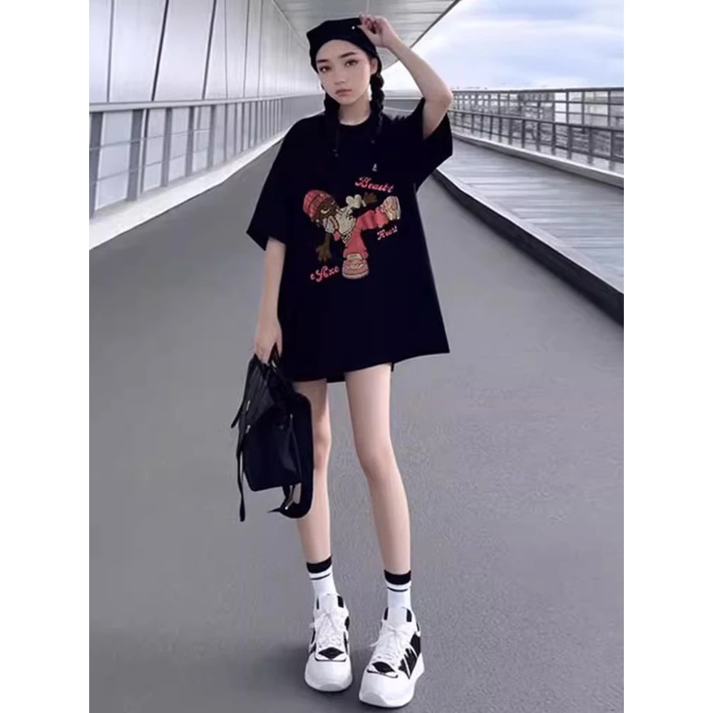 2025新款大码t恤女夏黑色短袖宽松中长款欧洲站欧货潮牌正肩上衣