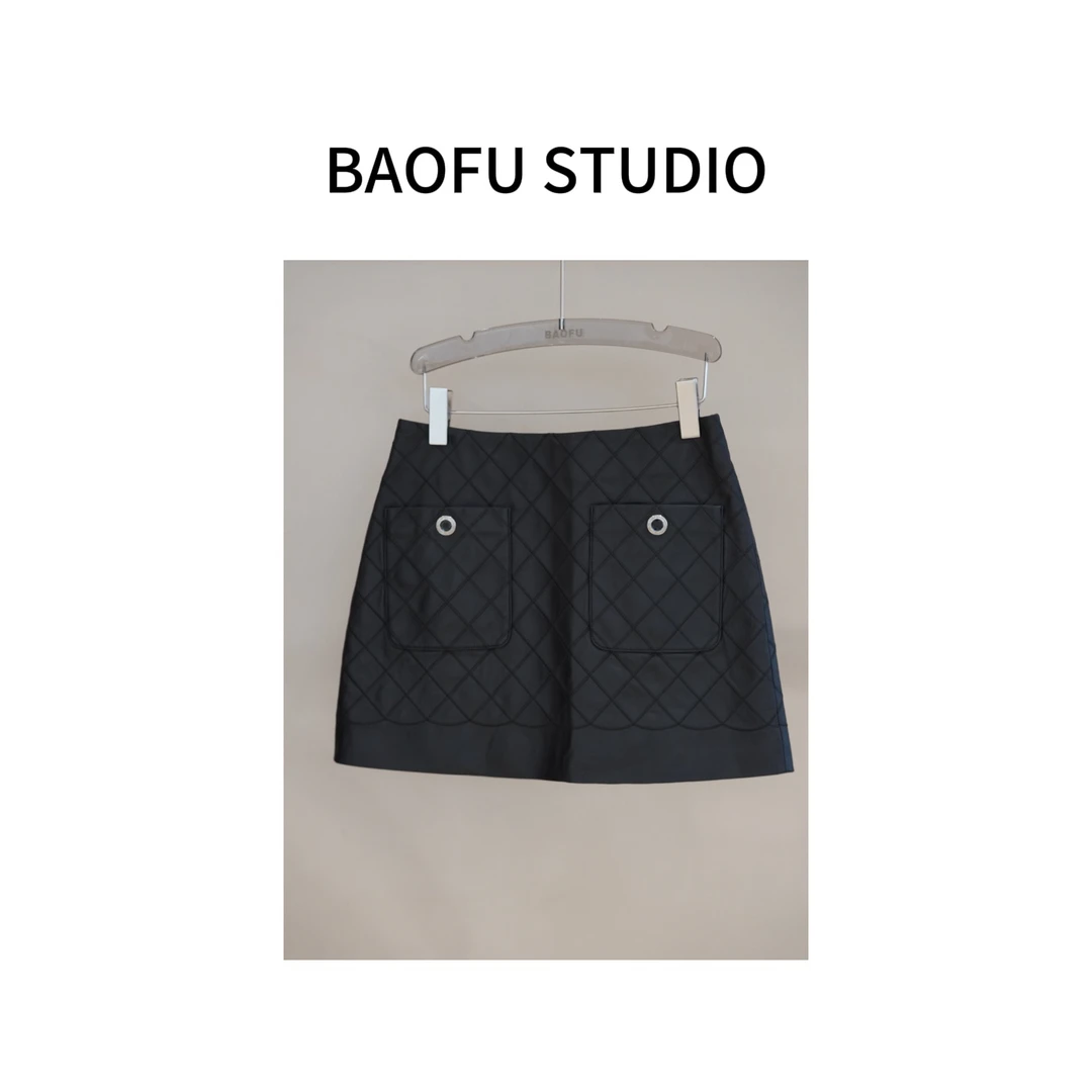 BAOFU studio｜皮质格纹半身裙小香风皮短裙黑色菱格纹高智淡人裙