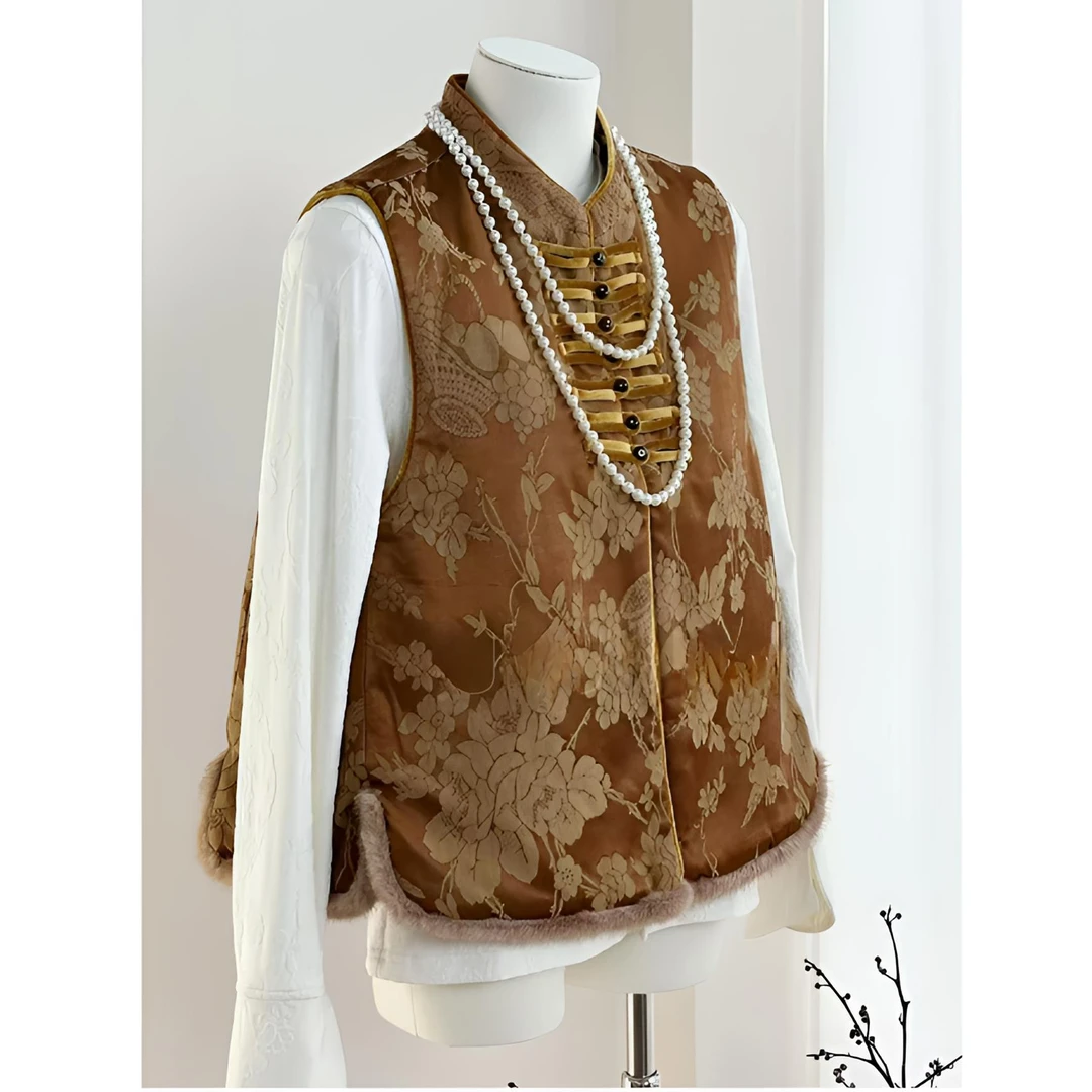 2024冬季新中式立领盘扣提花毛边加棉马甲冬季新款国风高端马夹女