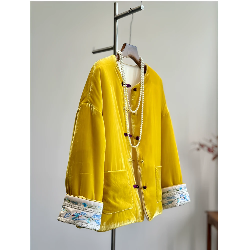 2024新中式秋冬新款双面丝绒加厚夹棉外套宽松显瘦棉袄国风棉服女