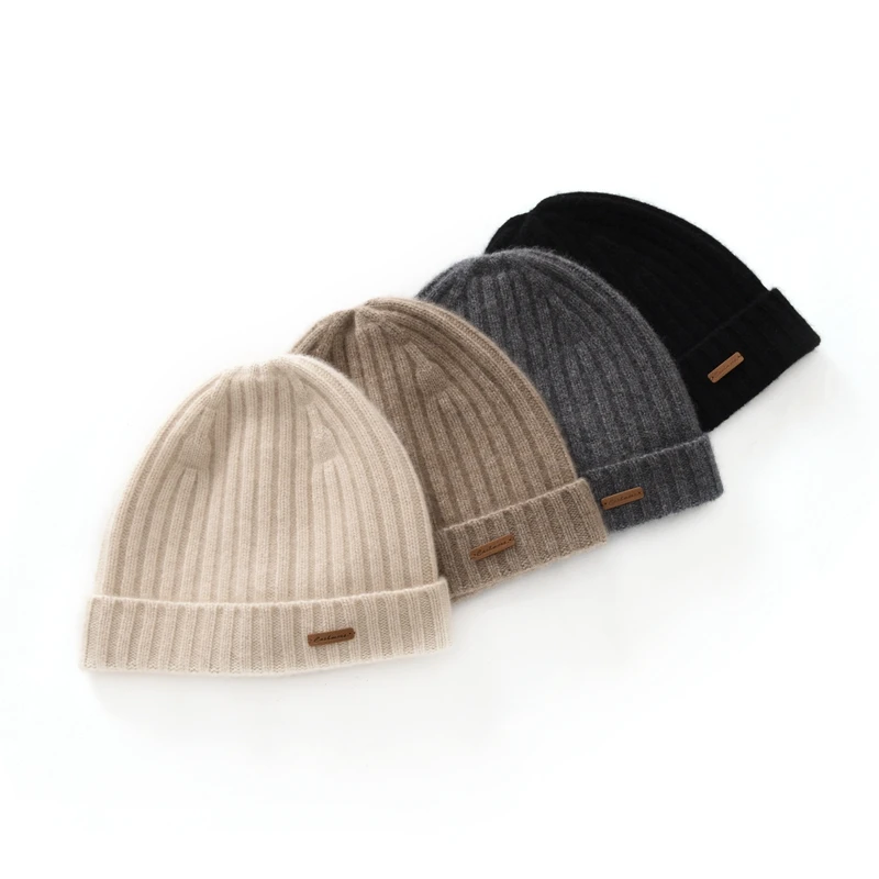 男女同款100%纯山羊绒加厚坑条帽翻边护耳秋冬保暖抽条护耳包头帽