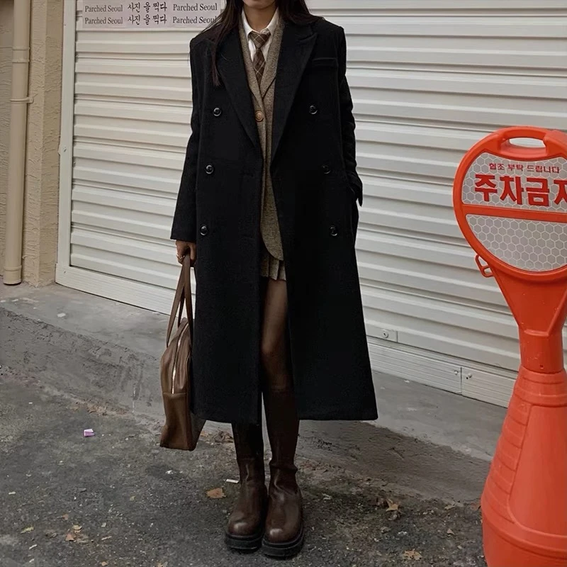 【樱樱奈子】微胖mm高级黑色西装外套学院风长款西服大衣经典百搭