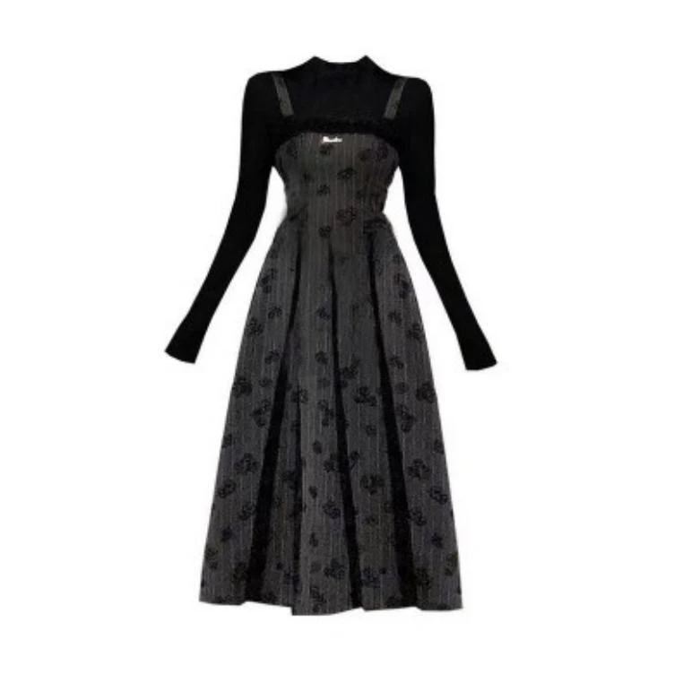 现【暗夜玫瑰】5380微胖mm高级感拼毛毛连衣裙立体植绒裙子+打底衫