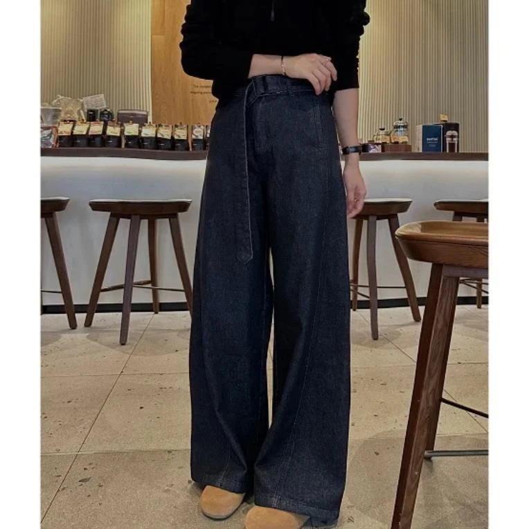 加绒秋冬新款丹宁色水洗牛仔阔腿弯刀裤百搭显高显瘦显腿长1830