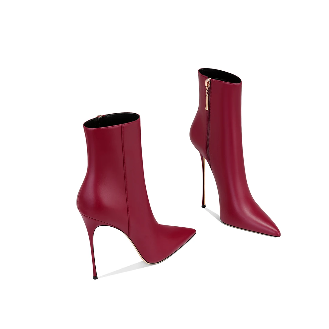短靴酒红时装靴胖mm气质小个子2025秋冬时髦新款尖头细跟高跟鞋女