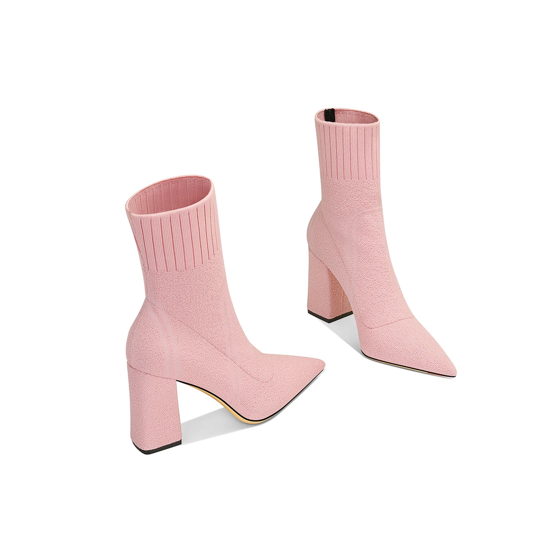 爆款胖mm中筒靴小个子粉色2025秋冬新款尖头气质百搭袜靴洋气高跟