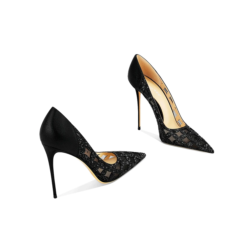 黑色气质细跟高跟鞋2025新款浅口单鞋镂空轻奢水钻百搭女士单鞋