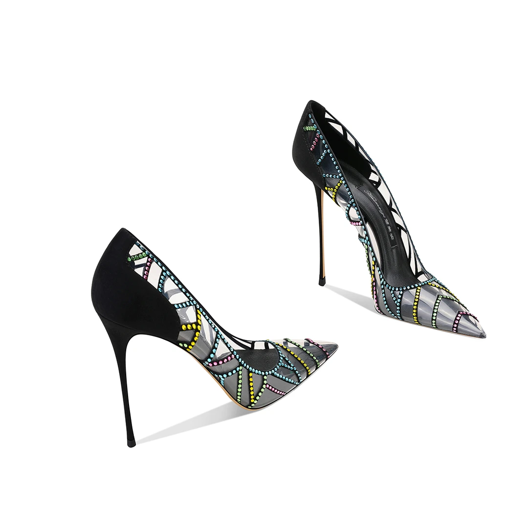 黑色高跟鞋2025秋季新款尖头细跟浅口单鞋透明水钻轻奢小个子气质