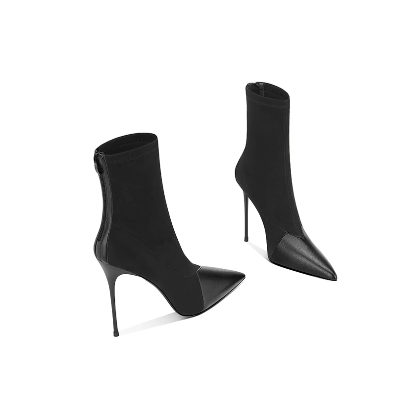 职业黑色加绒气质尖头拼接高跟鞋女2025新款弹力秋冬短靴小个子