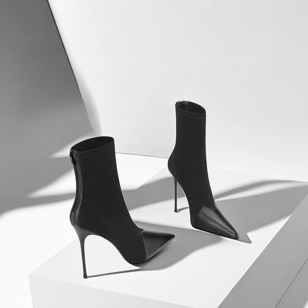 爆款秋冬黑色加绒细跟尖头拼接高跟鞋女新款弹力职业瘦瘦堆堆短靴