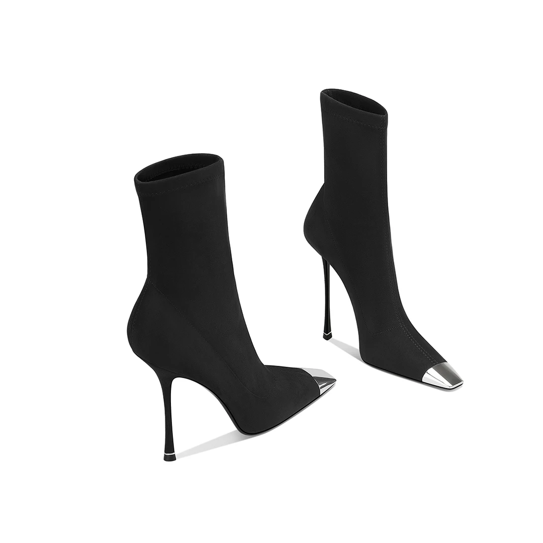 爆款黑色法式弹力靴百搭洋气不累脚2025秋冬新款方头细跟高跟鞋女