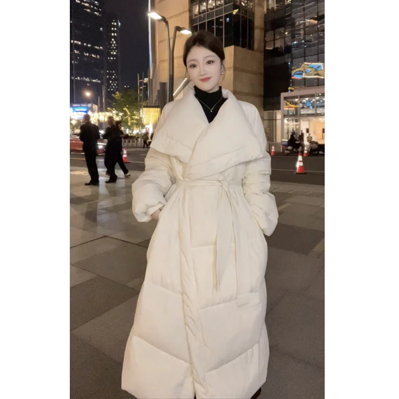 90白鸭绒收腰显瘦宽松长款羽绒大翻领时尚百搭韩版过膝2024新款